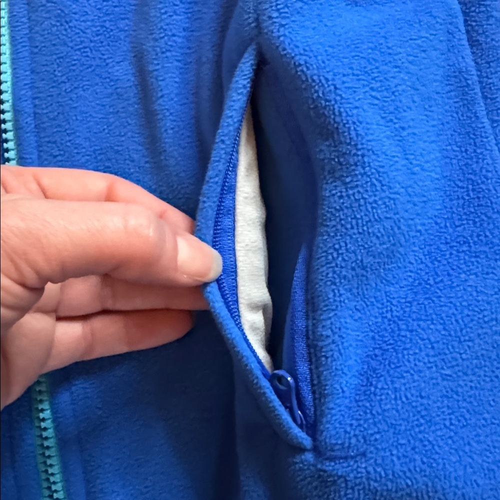 Lands End Fleece full zip size 10 unisex hooded blue color block - Picture 4 of 7